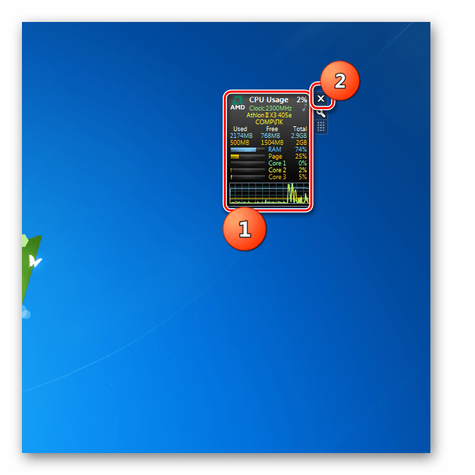 Закрытие интерфейса гаджета All CPU Meter в Windows 7