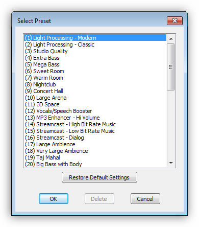 Использование пресетов в программе DFX Audio Enhancer