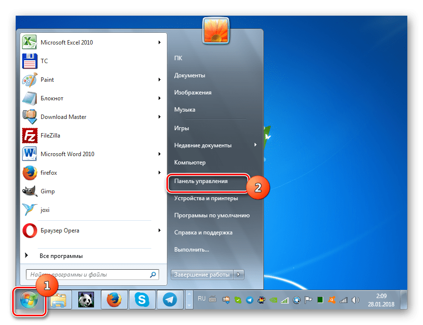 Переход в Панель управления через кнопку Пуск в Windows 7