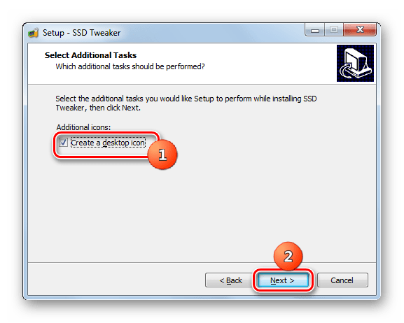 Установка иконки приложения на Рабочем столе в окне Мастера установки программы SSDTweaker в Windows 7
