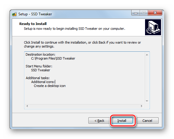 Запуск инсталляции приложения в окне Мастера установки программы SSDTweaker в Windows 7