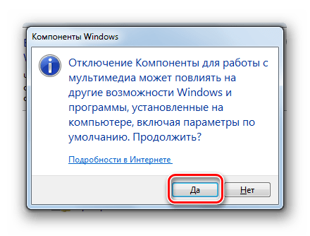 Подтверждение отключения компонентов для работы с мультимедиа в диалоговом окне в разделе Компоненты в Windows_7