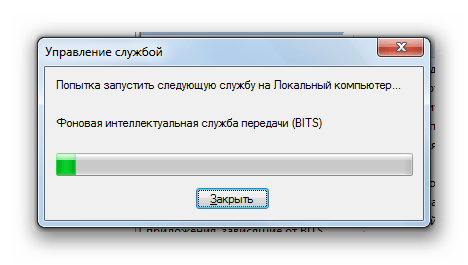 Запуск службы Фоновая интеллектуальная служба передачи в окне Диспетчера служб в Windows 7