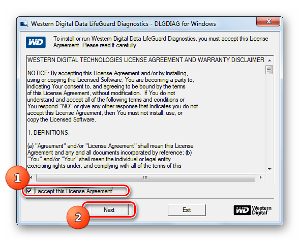 Принятие лицензионного соглашения в окне программы Western Digital Data Lifeguard Diagnostic