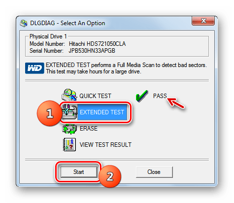 Запуск тестирования Extended test жесткого диска в окне программы Western Digital Data Lifeguard Diagnostic