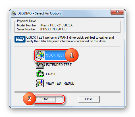 Запуск тестирования Quick test жесткого диска в окне программы Western Digital Data Lifeguard Diagnostic