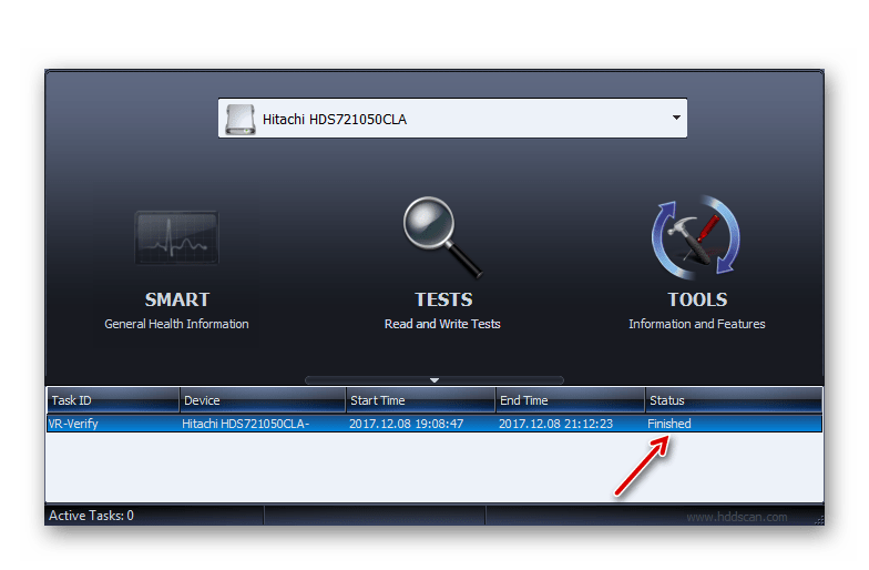 Статус завершенной задачи тестирования Verify жесткого диска в окне программы HDD Scan