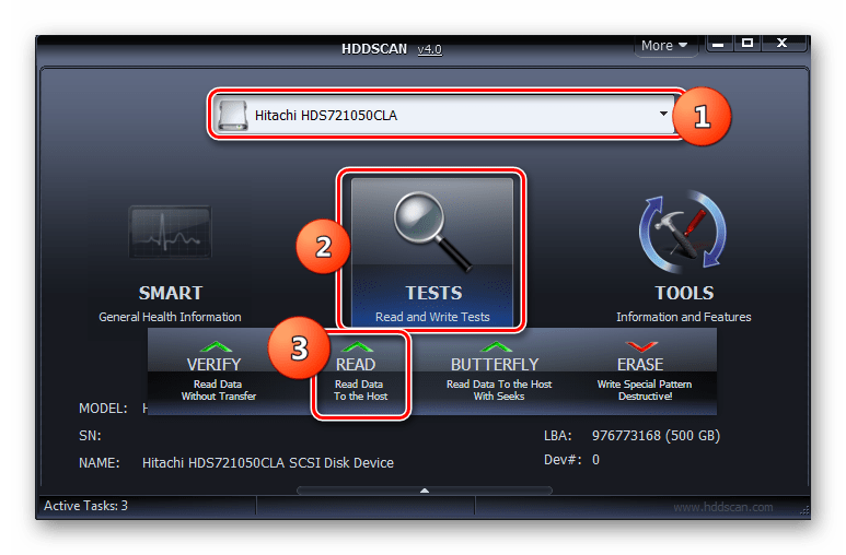 Запуск тестирование жесткого диска Read в окне программы HDD Scan