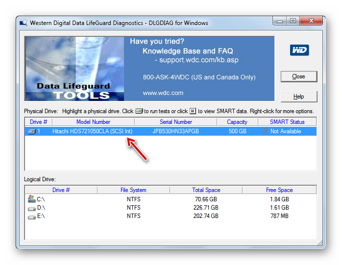 Основные данные о жестком диске в окне программы Western Digital Data Lifeguard Diagnostic