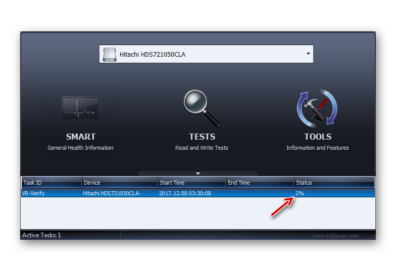 Просмотр прогресса тестирования жесткого диска Verify в окне программы HDD Scan