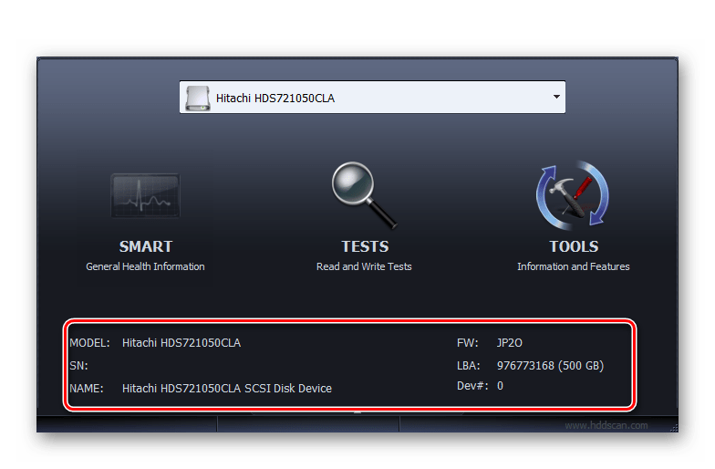 Основная информация о подключенном к компьютеру жестком диске в окне программы HDD Scan