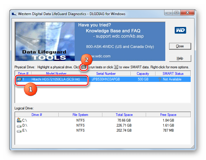 Запуск тестирования жесткого диска в окне программы Western Digital Data Lifeguard Diagnostic