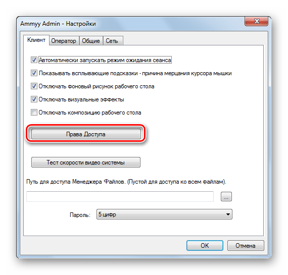 Переход в окно Права доступа из окна настроек во вкладке Клиент в программе Ammyy Admin