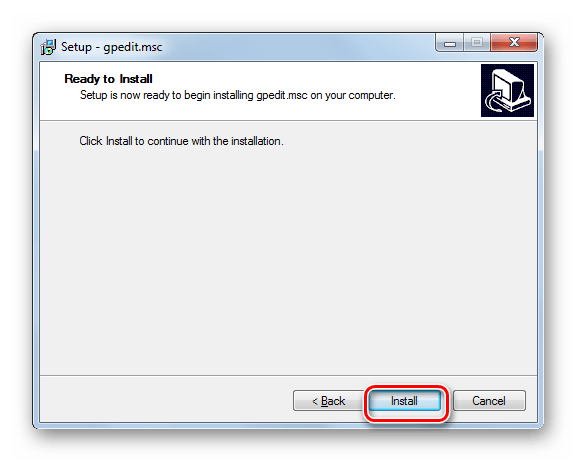 Запуск инсталляции в окне Мастера установки gpedit.msc в Windows 7