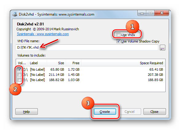 Запуск создания виртуального жесткого диска в формате VHD в программе Disk2vhd