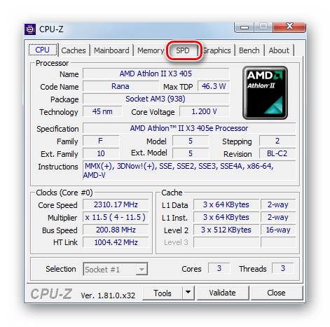 Переход во вкладку SPD в программе CPU-Z