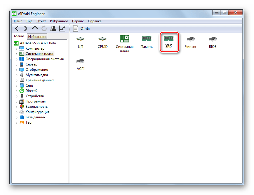 Переход в раздел SPD из раздела Системная плата в программе AIDA64