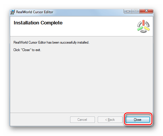 Закрытие окна инсталлятора программы RealWorld Cursor Editor после успешной установки в Windows 7