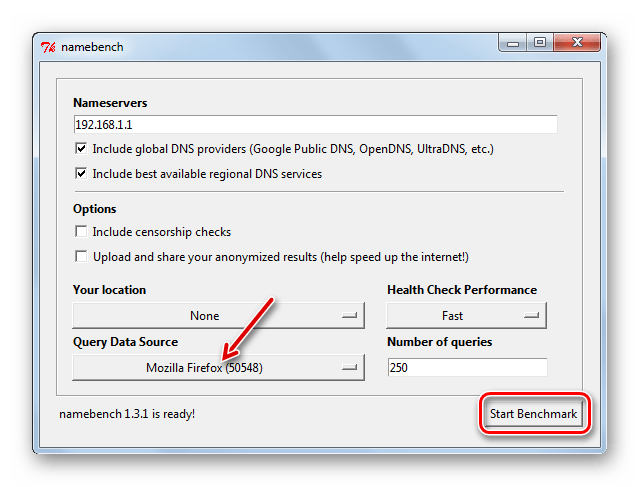 Запуск поиска dns-серверов в программе NameBench