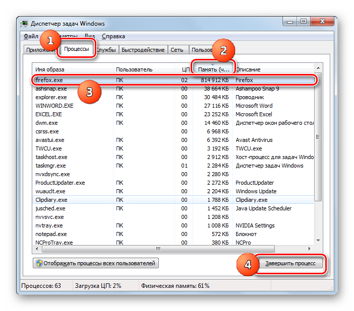 Завершение процесса который занимает больше всего оперативной памяти во вкладке Процессы в Диспетчере задач в Windows 7