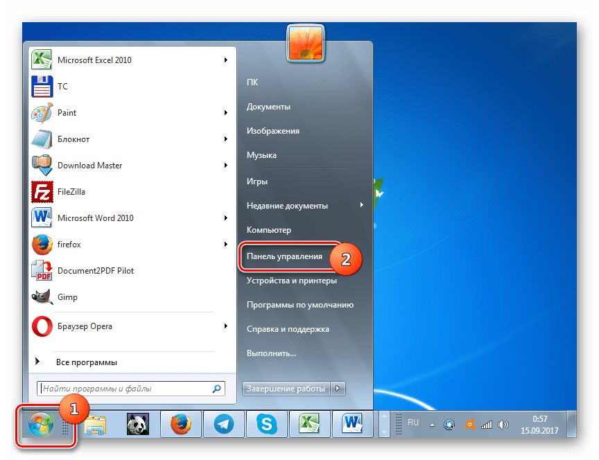Переход в панель управления через меню Пуск в Windows 7