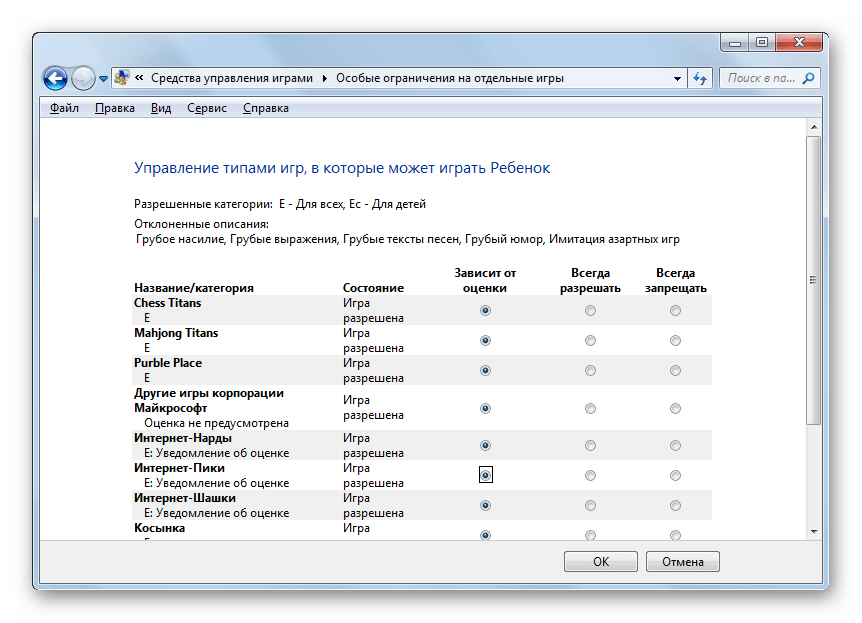 Окно управления типами игр, в которые может играть ребенок в Windows 7