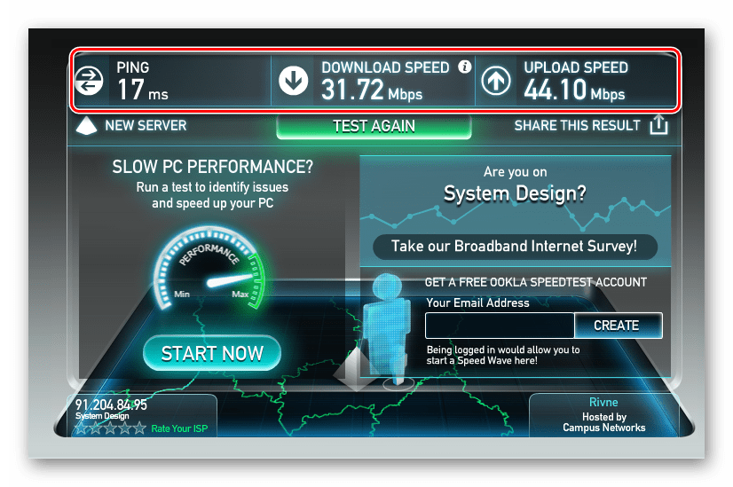 Результаты теста скорости интернета на сайте speedtest.net