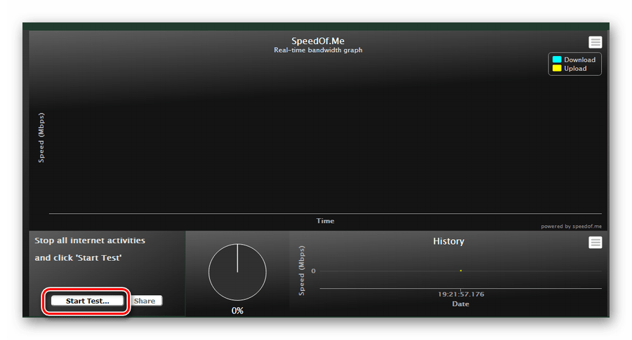 Начать тест скорости интернета на сайте speedof.me