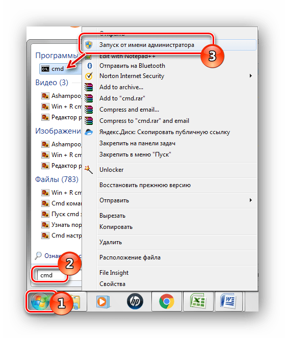 Меню Пуск Запуск командной строки от имени администратора Windows 7