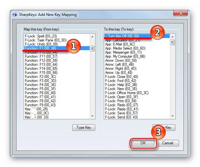 Отключение функции клавиши в SharpKeys