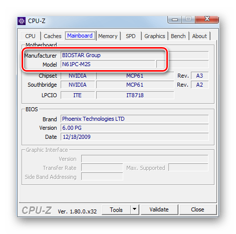 Модель и производитель материнской платы в программе CPU-Z в Windows 7