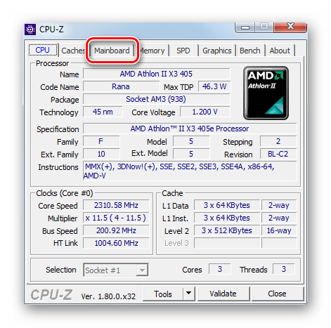 Переход во вкладку Mainboard в программе CPU-Z в Windows 7