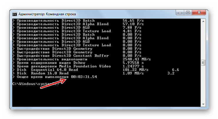 Тест индекса производительности Windows в Командной строке завершен в Windows 7
