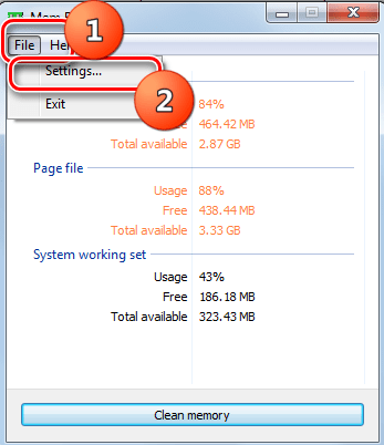 Переход в настройки программы Mem Reduct через верхнее горизонтальное меню
