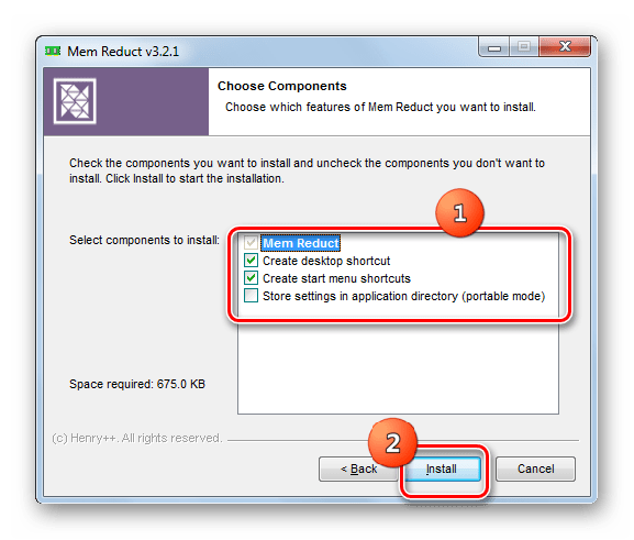 Запуск установки в установочном окне программы Mem Reduct