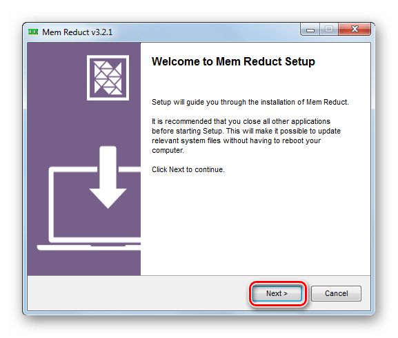 Приветственное окошко установки программы Mem Reduct