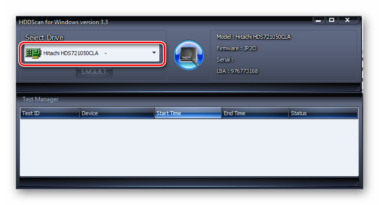 Выбор жесткого диска в программе HDDScan