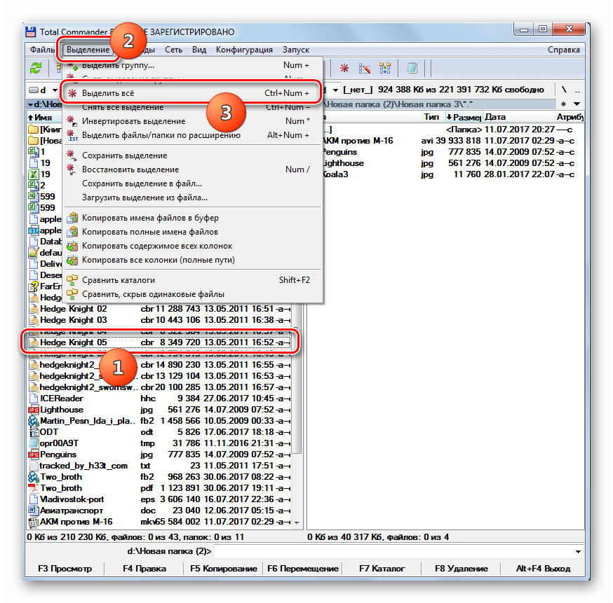 Выделение всех файлов в программе Total Commander