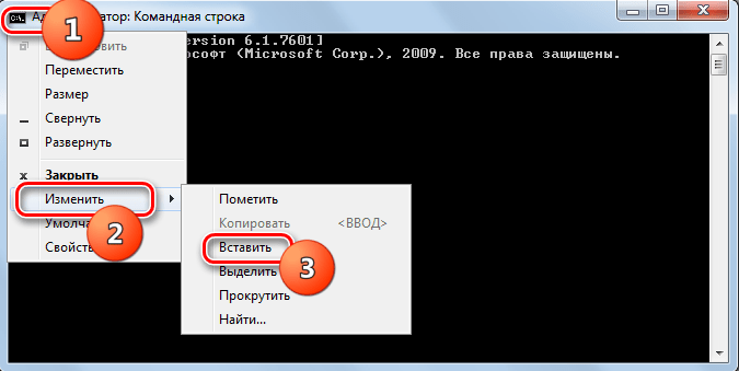 Вставка команды в командную строку в Windows 7