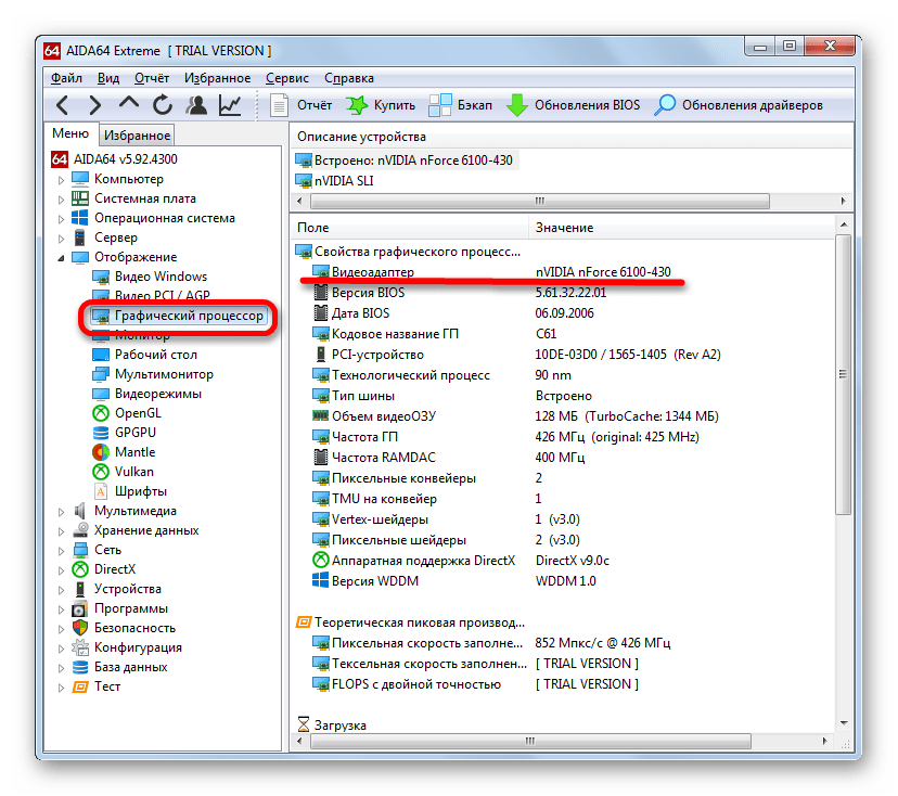 Наименование видеокарты в программе AIDA64