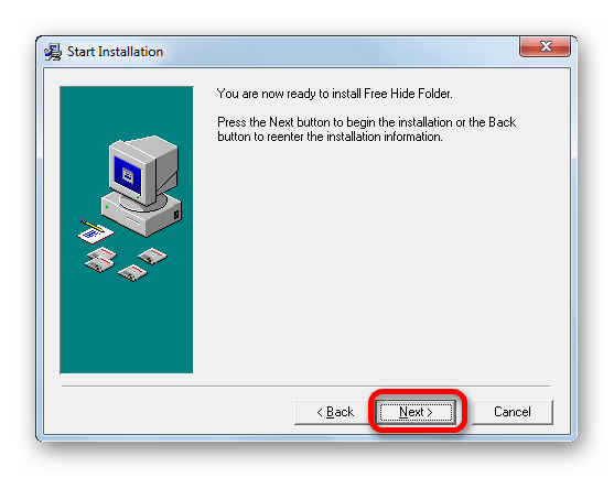 Переход к началу установки приложения в окне инсталлятора программы Free Hide Folder
