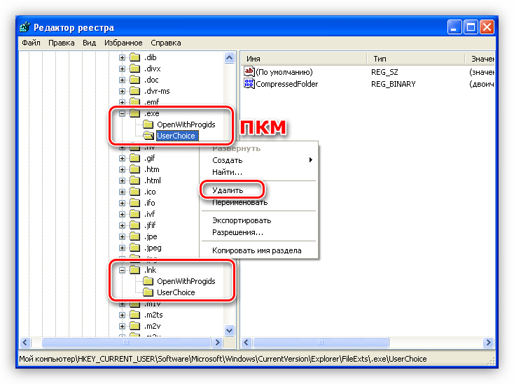 Удаление папки UserChoise в параметрах реестра Windows XP