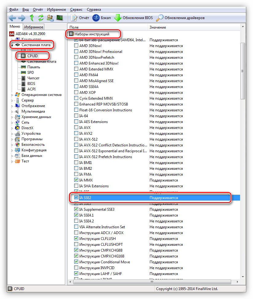 Список инструкций поддерживаемых процессором в AIDA64