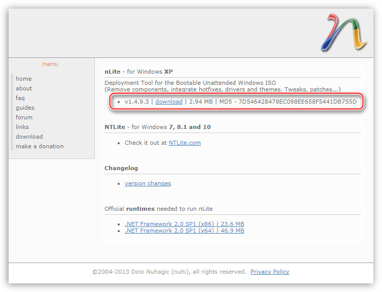 Ссылка на скачивание программы nLite для интеграции драйверов в дистрибутив операционной системы Windows XP