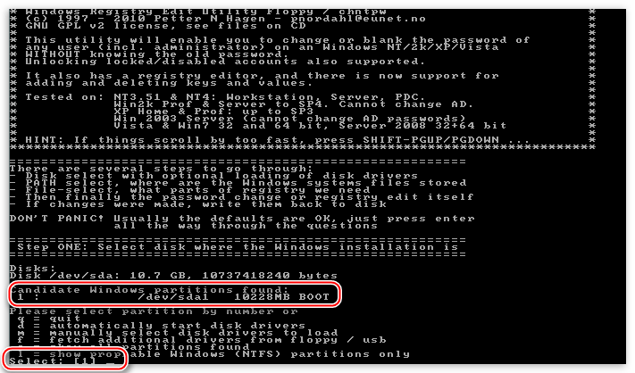 Выбор системного раздела в утилите Offline NT Password & Registry Editor для сброса пароля в Windows XP