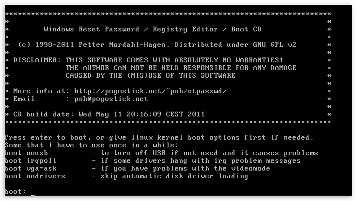 Автоматический запуск утилиты Offline NT Password & Registry Editor для сброса пароля Администратора в Windows XP