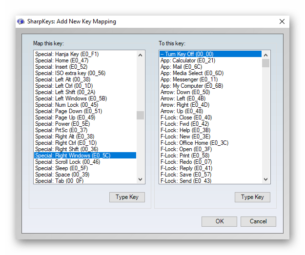 Добавление правой клавиши Windows для ее отключения в программе SharpKeys