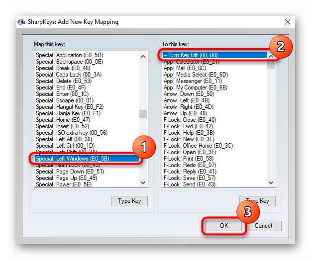 Выбор левой клавиши Windows и ее отключение в программе SharpKeys