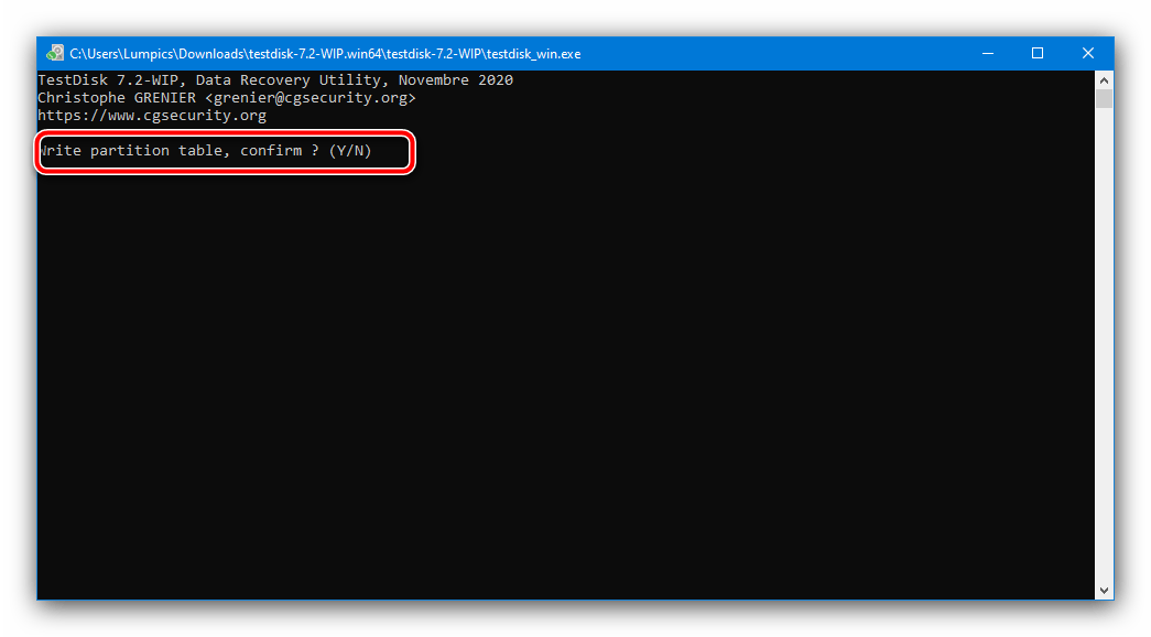Подтвердить запись раздела для восстановления в TestDisk для устранения проблемы Невозможно проверить диск, так как он недоступен