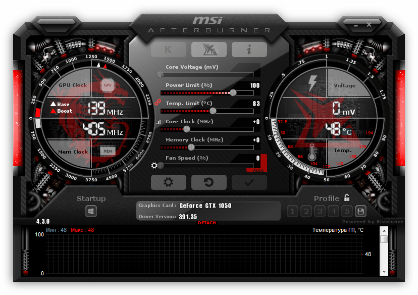 Главное окно программы для разгона видеокарты MSI After Burner